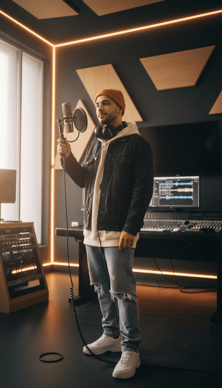 Young emerging artist standing confidently in recording studio holding microphone