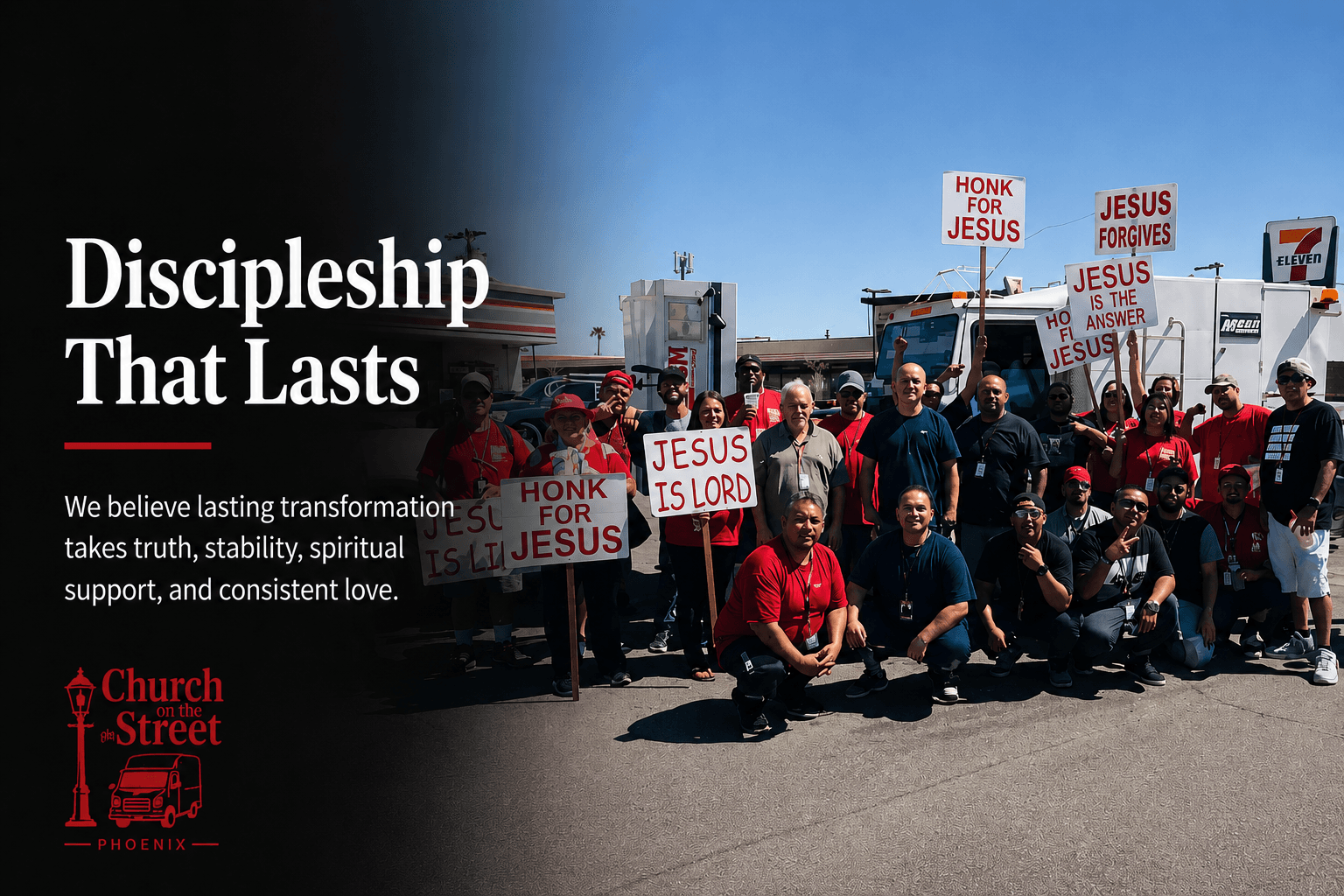 Group holding religious signs in a parking lot with "Discipleship That Lasts" text overlay.